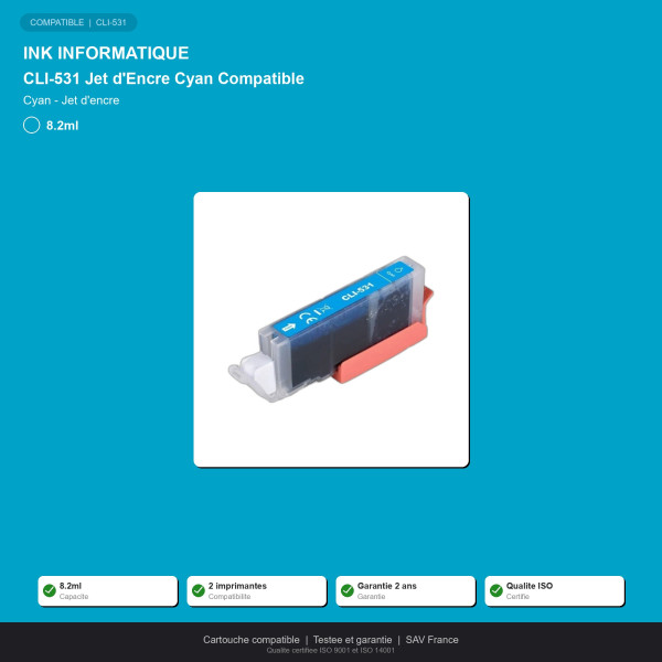 Canon CLI-531 Jet d'Encre Cyan Compatible | INK Informatique