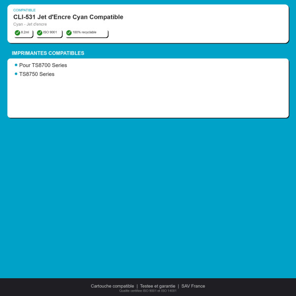 Canon CLI-531 Jet d'Encre Cyan Compatible | INK Informatique