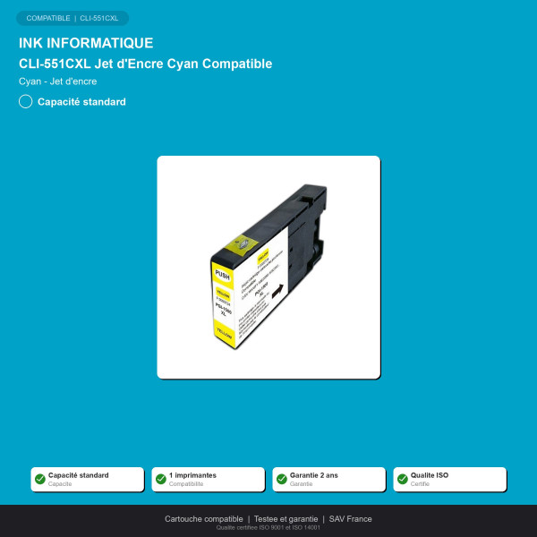 Canon CLI-551CXL Jet d'Encre Cyan Compatible | INK Informatique
