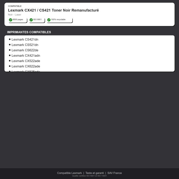 Lexmark CX421 / CS421 Toner Noir Remanufactur | INK Informatique