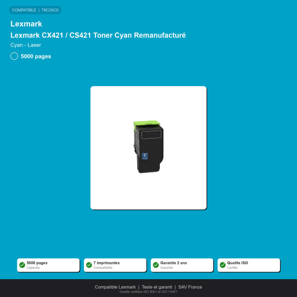 Lexmark CX421 / CS421 Toner Cyan Remanufactur | INK Informatique