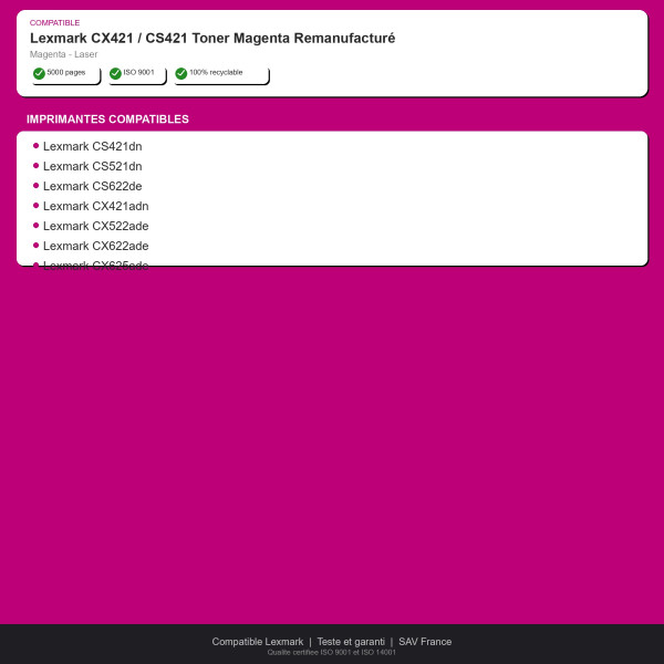 Lexmark CX421 / CS421 Toner Magenta Remanufac | INK Informatique