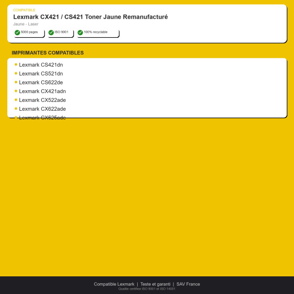 Lexmark CX421 / CS421 Toner Jaune Remanufactu | INK Informatique