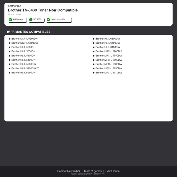 Brother TN-3430 Toner Noir Compatible | INK Informatique