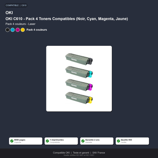 OKI C610 - Pack 4 Toners Compatibles (Noir, Cyan, Magenta, Jaune)