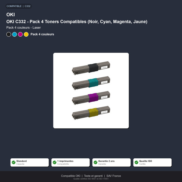 OKI C332 - Pack 4 Toners Compatibles (Noir, Cyan, Magenta, Jaune)