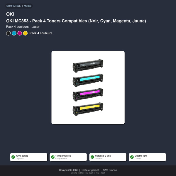 OKI MC853 - Pack 4 Toners Compatibles (Noir, Cyan, Magenta, Jaune)