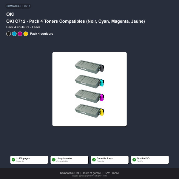 OKI C712 - Pack 4 Toners Compatibles (Noir, Cyan, Magenta, Jaune)