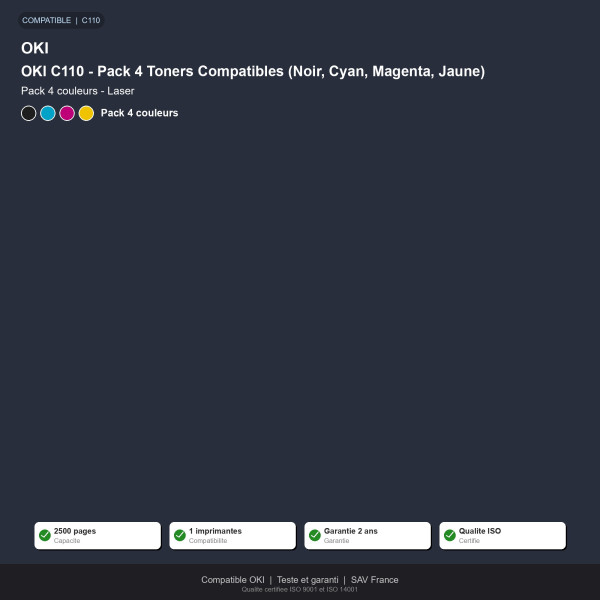 OKI C110 - Pack 4 Toners Compatibles (Noir, Cyan, Magenta, Jaune)