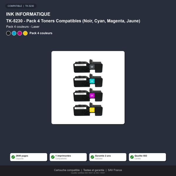 Kyocera TK-5230 Pack 4 Toners Compatibles (Noir, Cyan, Magenta, Jaune)