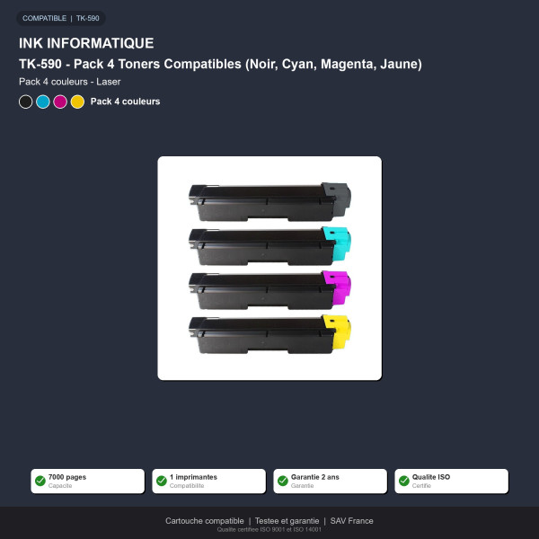 Kyocera TK-590 Pack 4 Toners Compatibles (Noir, Cyan, Magenta, Jaune)