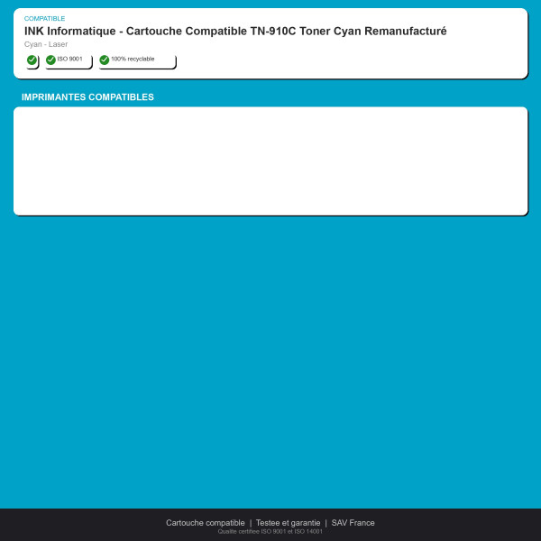 Brother TN-910C Toner Cyan Remanufacturé | INK Informatique