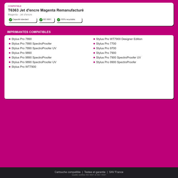 Epson T6363 Jet d'encre Magenta Remanufacturé | INK Informatique