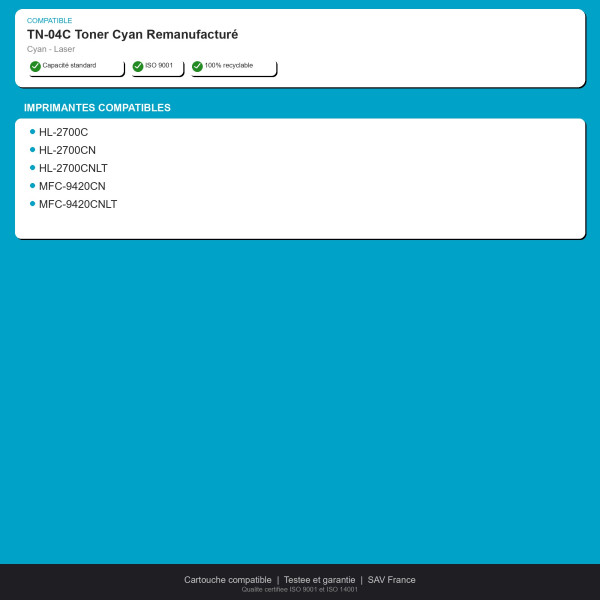 Brother TN-04C Toner Cyan Remanufacturé | INK Informatique