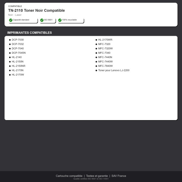 Brother TN-2110 Toner Noir Compatible | INK Informatique