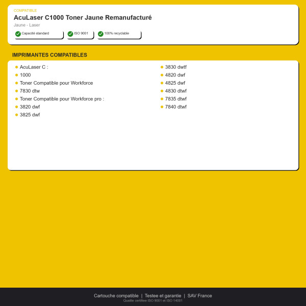 Epson AcuLaser C1000 Toner Jaune Remanufactur | INK Informatique