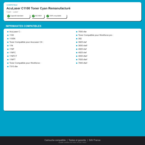 Epson AcuLaser C1100 Toner Cyan Remanufacturé | INK Informatique