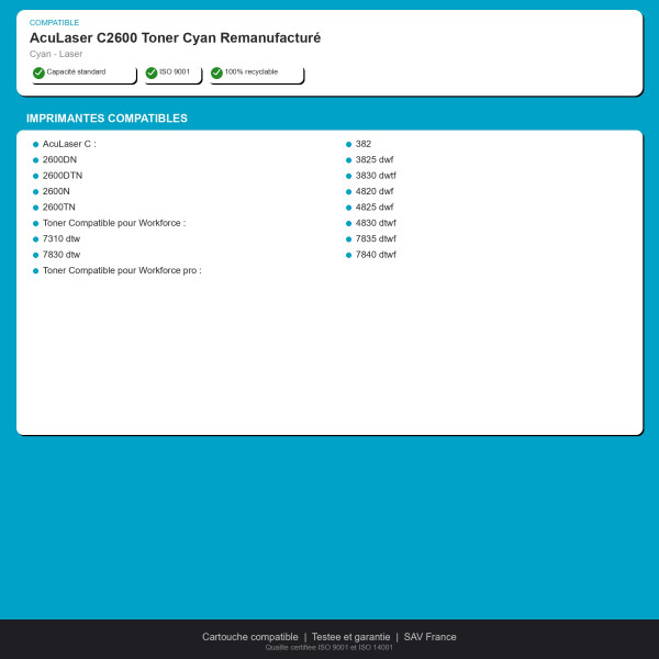 Epson AcuLaser C2600 Toner Cyan Remanufacturé | INK Informatique