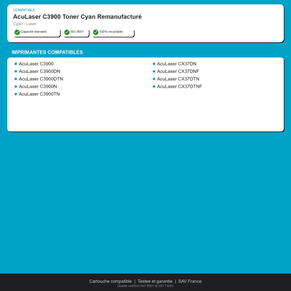 Epson AcuLaser C3900 Toner Cyan Remanufacturé | INK Informatique