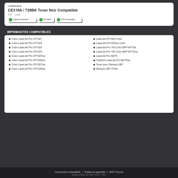 HP CE310A / Canon 729BK Toner Noir Compatible | INK Informatique