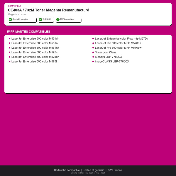 HP CE403A / Canon 732M Toner Magenta Remanufa | INK Informatique