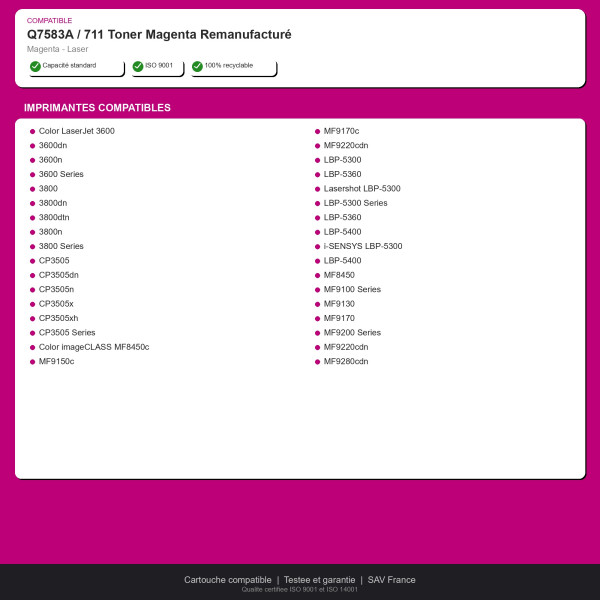 HP Q7583A / Canon 711 Toner Magenta Remanufac | INK Informatique