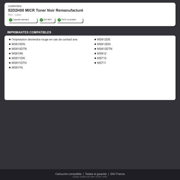 Lexmark 52D2H00 MICR Toner Noir Remanufacturé | INK Informatique