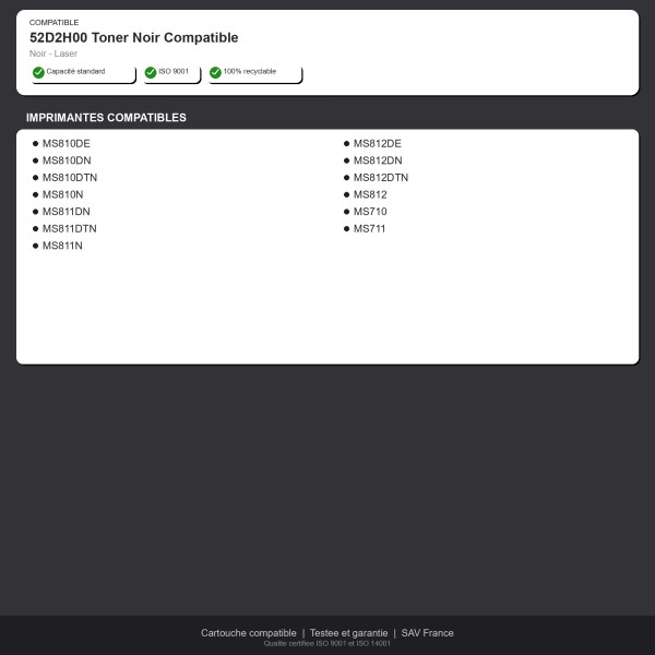 Lexmark 52D2H00 Toner Noir Compatible | INK Informatique