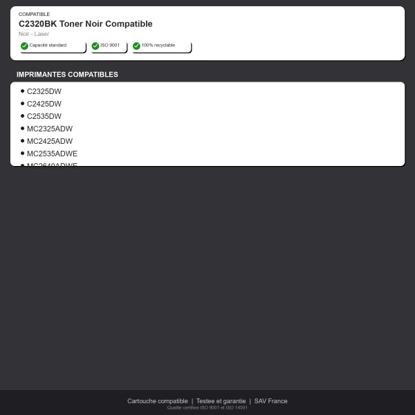 Lexmark C2320BK Toner Noir Compatible | INK Informatique
