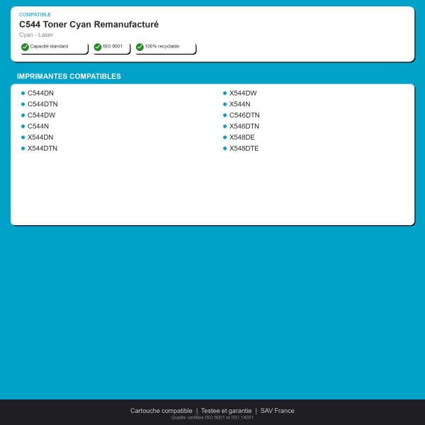 Lexmark C544 Toner Cyan Remanufacturé | INK Informatique