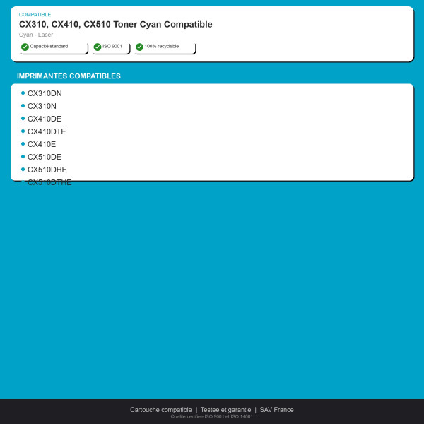 Lexmark CX310, CX410, CX510 Toner Cyan Compat | INK Informatique