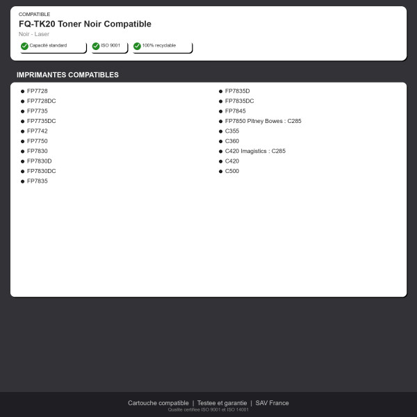 Panasonic FQ-TK20 Toner Noir Compatible | INK Informatique